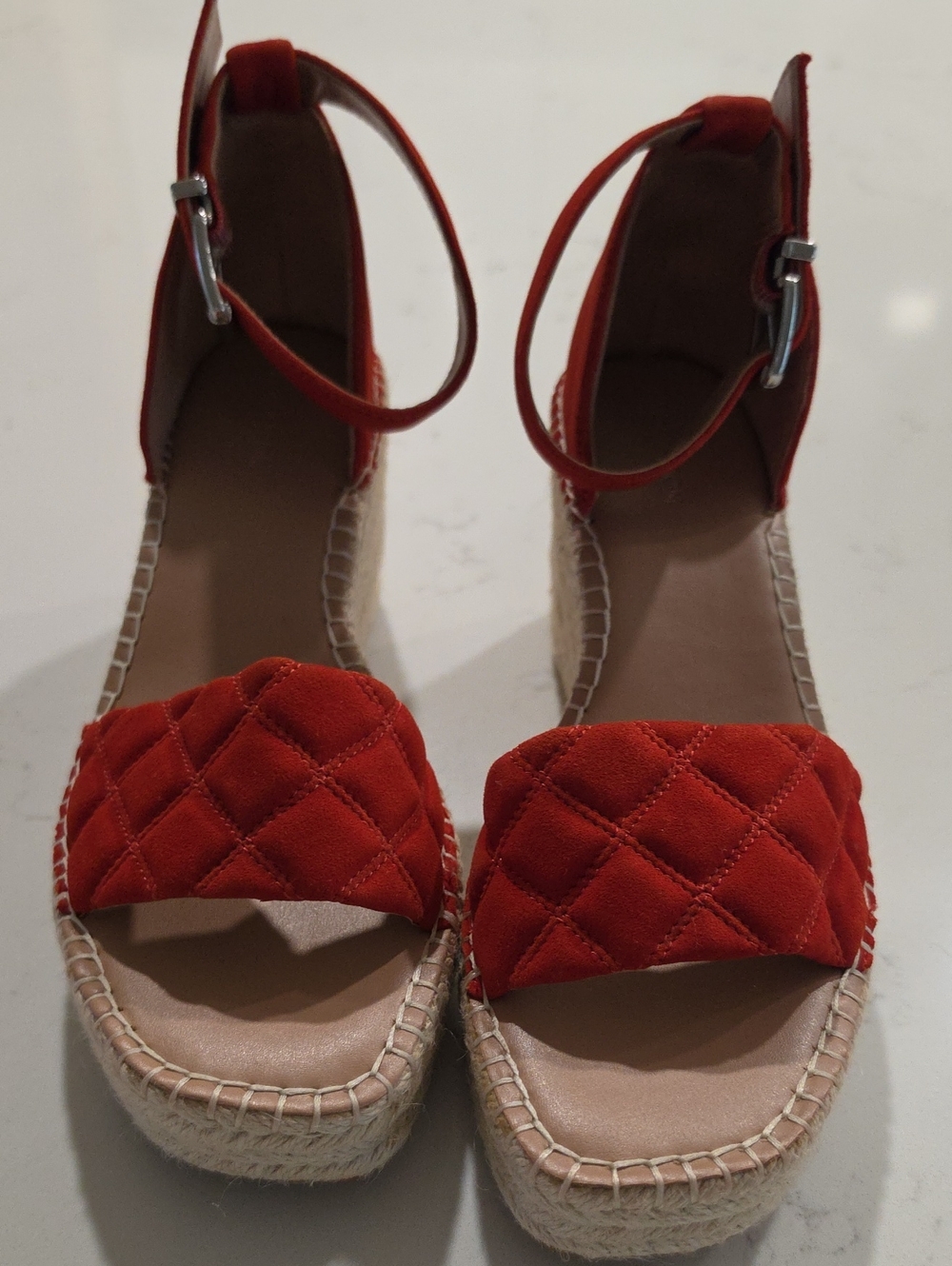 Red Quilted Platform Espadrille Sandals with Ankle Strap